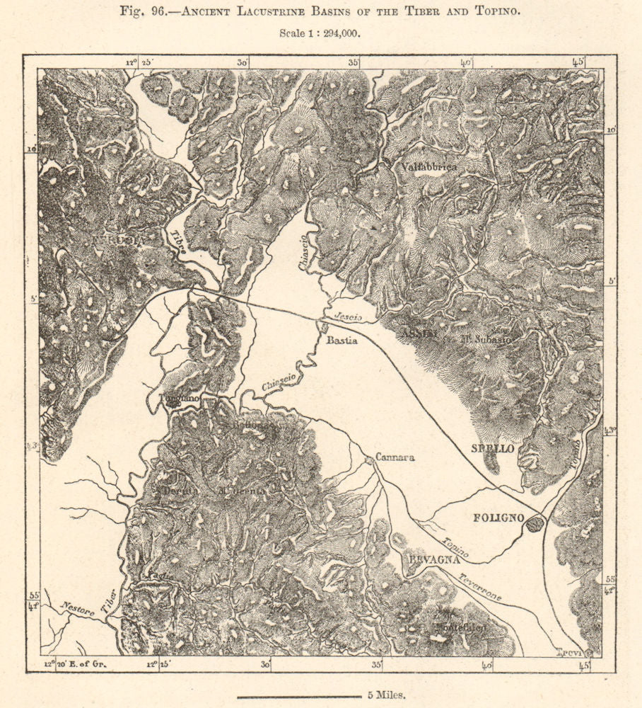 Ancient Lacustrine Basins of the Tiber and Topino. Italy. Sketch map 1885